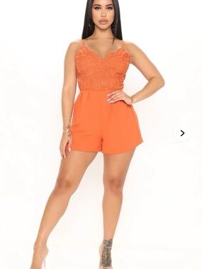 Fashion Nova Orange Lace Romper with Spaghetti Straps